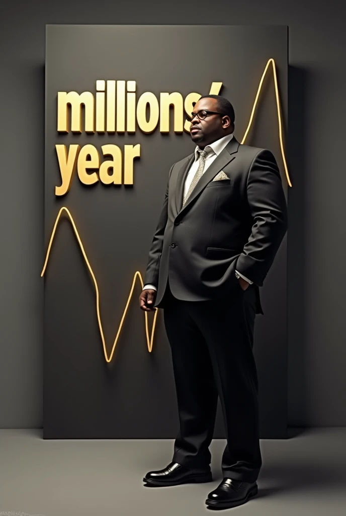 IMAGE OF BIGGIE IN A SUIT, STANDING NEXT TO A GIANT Board GRAPH SHOWING stock graph, "MILLIONS/YEAR" IN GOLDEN TEXT.