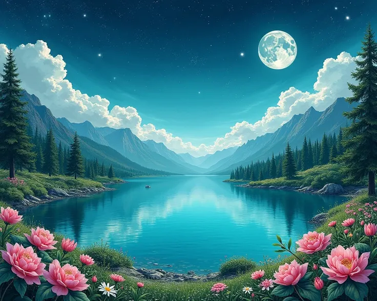 art traditionnal drawing, ANIME manga STYLE semi realistic  , landscape (no mountains) pastel color turquoise ovale great and large lake with green trees and amazing flowers,  DARK BLACK NIGHT stars in the sky ULTRA DETAILLED tows moon in the sky