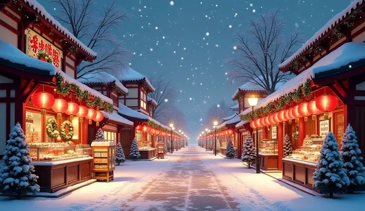 Create a cozy winter Christmas street scene at nighttime, featuring a snow-covered traditional Asian square adorned with red lanterns and warm glowing lights. The square is decorated for the holiday season with festive garlands, wreaths, and Christmas tree...