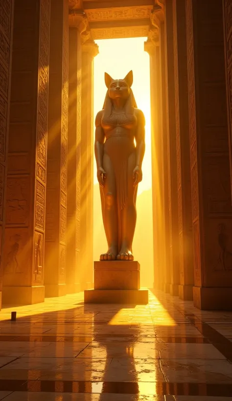 A grand ancient Egyptian temple, dimly lit by golden rays of sunlight. A majestic statue of Bastet, the cat goddess, stands at the center, surrounded by intricate hieroglyphs and glowing artifacts. The atmosphere is mystical, with subtle shadows and a warm...