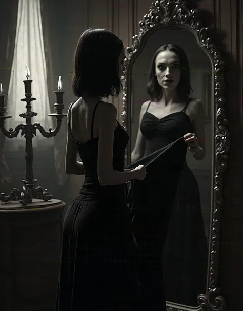 Wednesday Addams alone in her gothic scary bedroom, looking at herself in her mirror, pulling her black velvt gown up