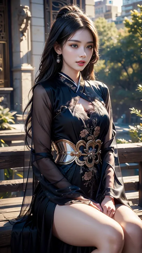 8K, UHD, Masterpiece, extreme quality, 1 girl, good face, detailed eyes, very long hair, detailed lips, small breasts, ((hanfu dress)), black fantasy dress, ((detailed dress)), ((crystal lace)), flowing sardine, beautiful fantasy, fantasy empress, beautifu...