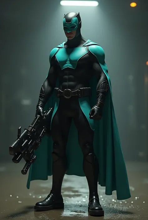 masterclass but simple superhero suit  black and teal with a weapon hostile, mask 