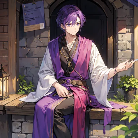 A man who is a fortune teller with short dark purple hair is sitting on an old medieval street and doing fortune telling business