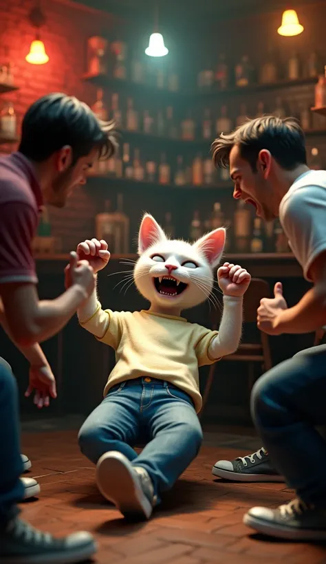 In cinematic 3D style, HD image, realistic image ,colourful image.
Character, thin Johnny big white cat wearing cream shirt and blue jeans. 
Action,Johnny Big White Cat is being beaten by two friends inside a bar with their hands and feet. Johnny Big White...