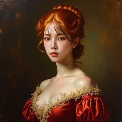 A bold and expressive oil painting of a stunning young aristocratic woman from the 1860s, depicted in a modern passport-style composition. Her fiery red hair is styled elegantly in a loose chignon, with soft curls framing her striking, porcelain-like face....