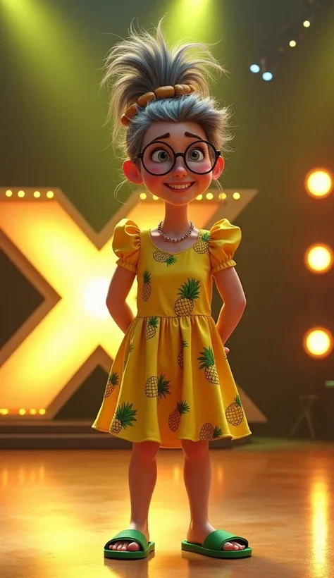  A short, chubby lady ,  with gray hair tied in a messy bun .  She wears a yellow dress with pineapple prints,  large round glasses ,  and green sandals . is standing, smiling at the camera. The stage of the  "agt"  is illuminated with yellow and green lig...