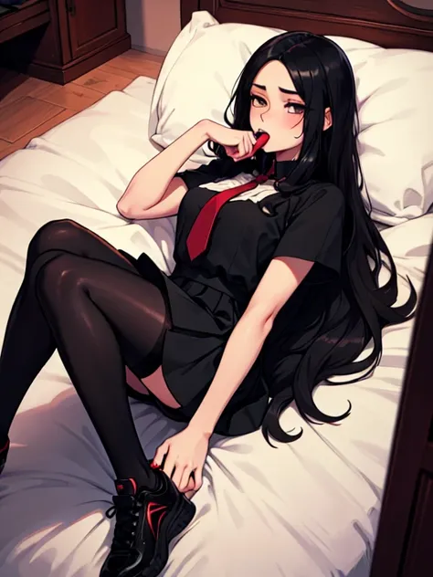  22-year-old white skin almost speaks black hair extremely long black tights tight black sneakers black hair,  hair parted in half black hair parted in the middle,  with your mouth shut, ,  messy hair womens dress blouse Grantilia tie , light long skirt al...