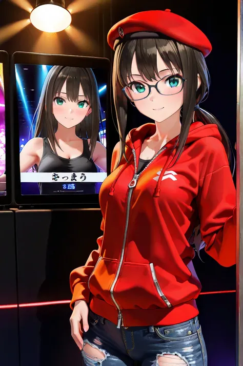 ( Ultra Realistic Photo , RAW photos  , realism , 3d rendering ,Unity Engine), BRAEK ( one girl ,15yo,Shibuya Rin, black hair,  green eyes,  long hair,(medium breasts:1.2), low ponytail, black tank top,(red hoodie with zipper), black beret, black holes den...