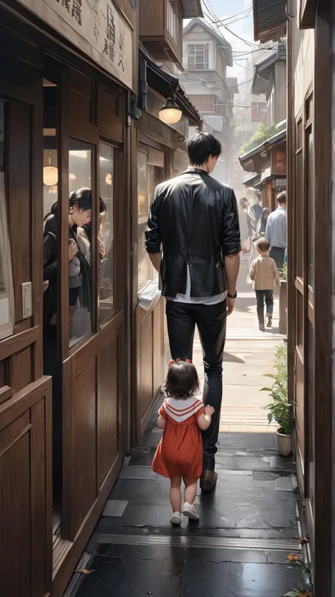 ultra-realism,   black hair,   A place where a couple and their baby are going out 町中で ＋1 