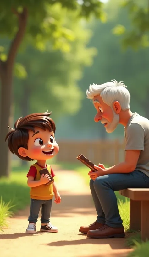 "The same 3D cartoon-style boy with his consistent features and outfit stands casually, still holding his half-eaten chocolate bar, looking at the older man with a confident grin. The man, sitting on the bench with a curious and surprised expression, raise...