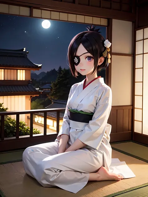  1 girl, whole body, chrome dokuro,  black hair,  eye patch, (  purple eyes :1.1),  short hair,  an eyepatch is on the right eye ,
 crop top,  eye patch,A woman wearing a yellow-green or green yukata is sitting on the veranda of a Japanese house in the moo...