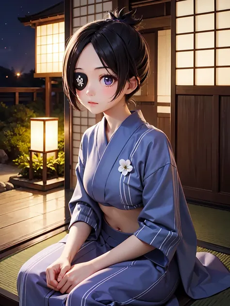  1 girl, whole body, chrome dokuro,  black hair,  eye patch, (  purple eyes :1.1),  short hair,  an eyepatch is on the right eye ,
 crop top,  eye patch,A woman wearing a yellow-green or green yukata is sitting on the veranda of a Japanese house in the moo...