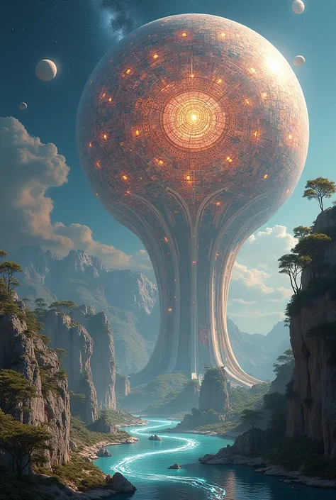 "Imagine a breathtaking artistic masterpiece where the world itself becomes a living sculpture, blending nature, humanity, and technology into a seamless, awe-inspiring vision. A colossal sphere hovers above a crystalline ocean, its surface an intricate mo...