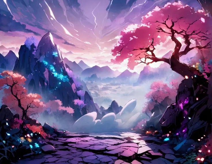 Heavy mist below, sky, purple mountains, pink trees, pink vines, colorful rocks, purple trunk.

