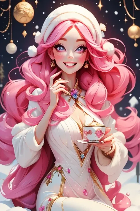 Perfect face. Perfect hands. A pink haired woman with violet eyes and an hourglass figure in a White Christmas dress is smiling while drinking tea in a winter wonderland with a big smile