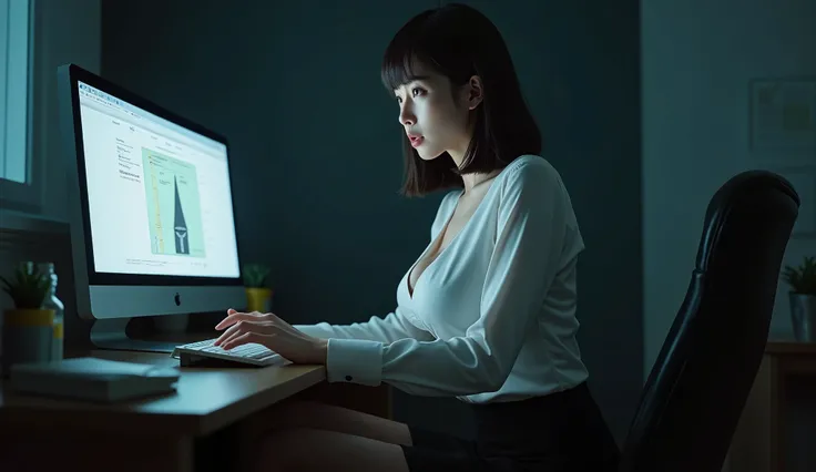 A hyper-realistic image of a Japanese woman sitting at her desk in a dimly lit office at night, illuminated by the soft glow of the computer screen. She has shoulder-length straight dark brown hair with soft bangs and large expressive dark eyes focused dir...