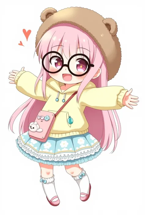 A chibi-style drawing of a cute girl in a lively, cheerful pose, standing with her arms open and slightly bent at the elbows. She has long, straight pastel pink hair that flows down to her waist, with bangs framing her face. She wears oversized black glass...