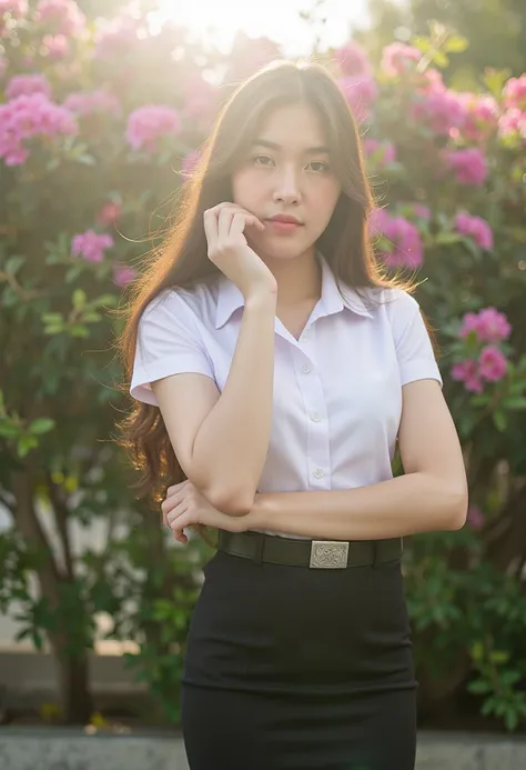 Thai woman long hair, smirk, wearing white collared shirt short sleeves, belt, short black pencil skirt , hand on face pose, bougainvillea, sun light, Kodak Gold 200 film, university uniform