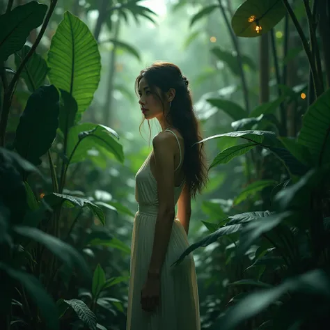 WOMAN AMONG TROPICAL LEAVES