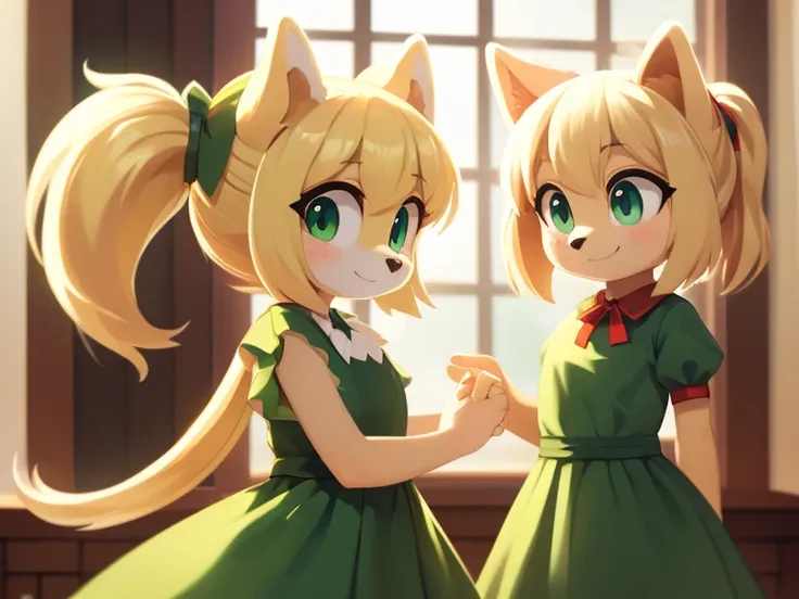 A furry girl, a cute blond dog, a short ponytail, a detailed body, clothes, a green dress, different colored eyes, a slight smile, the art of conversation, the best high quality, Fujifilm, great work, high detail. 