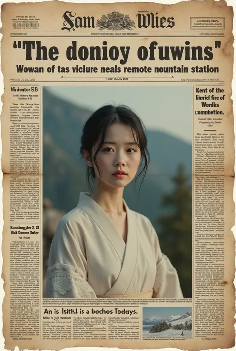 A news clipping about a drowned woman
A faded newspaper headline with a picture of the woman in her white kimono. The headline reads, "Tragic Drowning Near Mountain Station."

