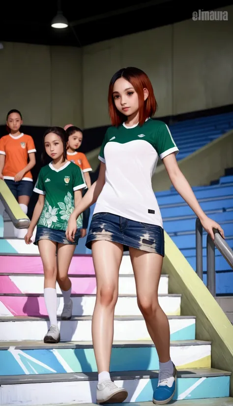 middle school girl, walking down, stairs, soccer stadium,  {+forehead, medium hair, twin tails, black hair,  brown streaked hair, brown ombre, 2 colored hair}, BREAK,  short sleeves soccer shirt (+green color, white color), denim mini skirt (+floral patter...