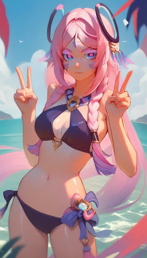 score_9, score_8_up, score_7_up, source_anime, 1girl, solo, outdoors, beach, cowboy shot, looking at viewer, shiny skin, close-up, blue eyes, braid, facial mark, forehead mark, ring hair ornament, leaf hair ornament, long hair, pink hair, pink pupils, stre...