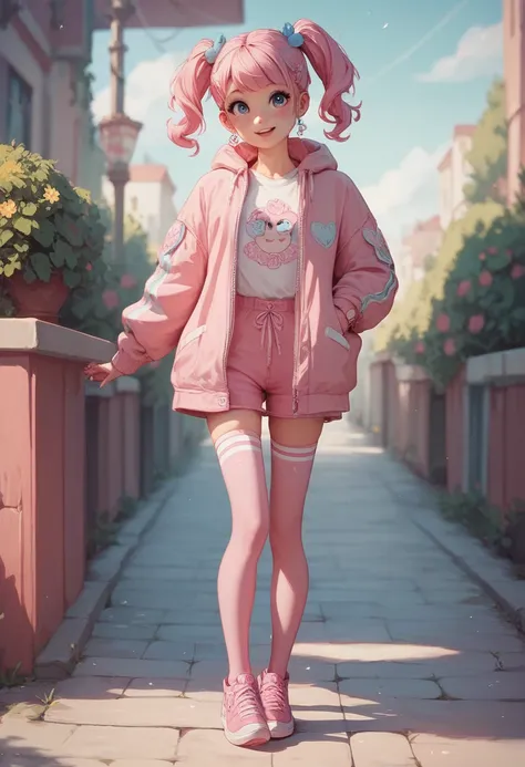 young girl. teenage cute pink outfit. pink stockings. fully clothed. full body.