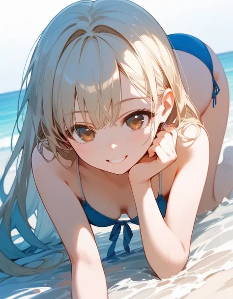 Score_9,Score_8_up,Score_7_up,highest quality, source_anime, highest quality, BREAK 1 girl, pale blue bikini, light yellow accent, light blue hair, long hair, (brown eyes), smile, all fours, BREAK (seaside, sunshine), BREAK