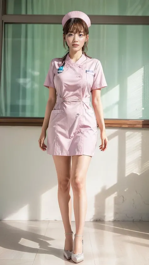 a beautiful young 24-year-old Japanese woman, beautiful, detailed anatomy, beautiful skin, random hair color and hairstyle, big breasts, nurse hat, (nurse uniform:1.3), nurse cap, (she is standing:1.2), full body shot, high heels, hospital, (best quality,8...