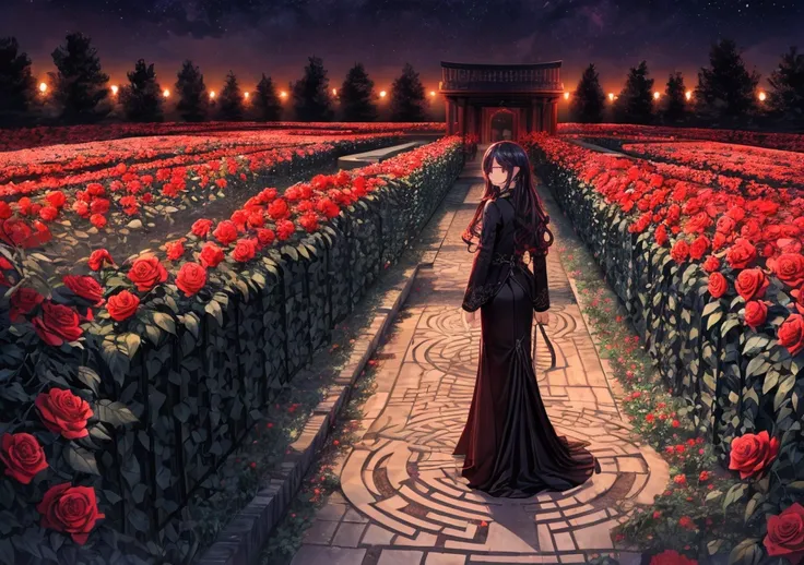   A maze garden made of roses with a red and dark energy, Dark night sky ,붉고 어두운 기운이 감도는