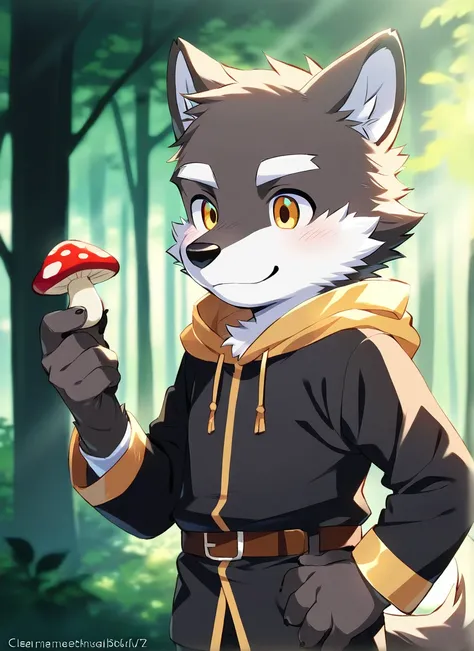 male, furry, 1boy, wolf, white countershading, handsome, young, white eyebrows, handing a small mushroom, exciting BREAK high res, best quality, 8k, fancy, clear detail, forest