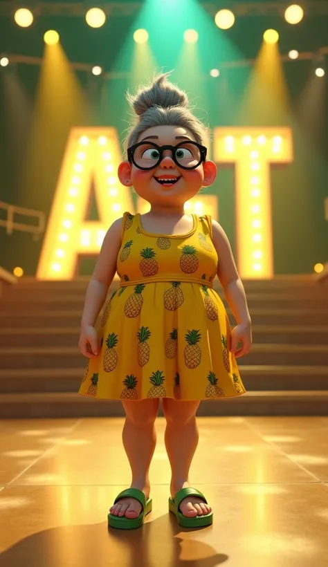  A short, chubby lady ,  with gray hair tied in a messy bun .  She wears a yellow dress with pineapple prints,  large round glasses ,  and green sandals . is standing, smiling at the camera. The stage of the  "agt"  is illuminated with yellow and green lig...