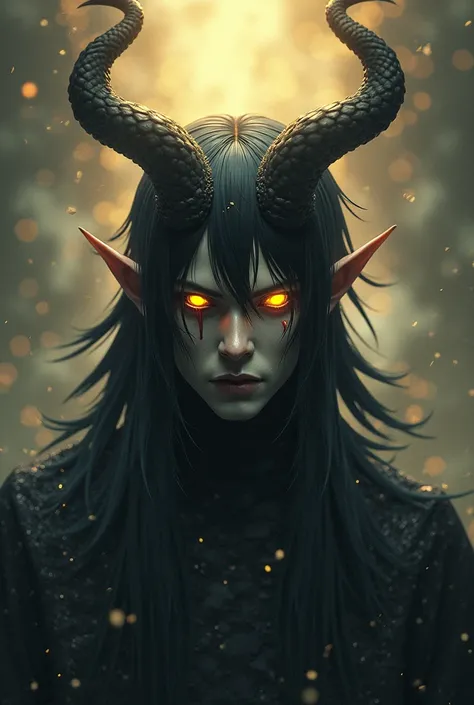 Male human evil god, black hair, pointed ears, eye color, left yellow, right, white eyes, white, black, four eyes, devils horn, angel aura