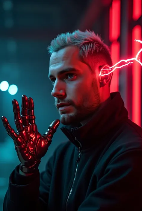 A man with a biomechanical hand，A red eye radiating lightning, A background composed of futuristic shining lights, detailed, atmosphere, Astonishing, Rich colors, complex, elegant, Movie, Dynamic, Rich dark color, Beautiful and perfect, Clear focus, Creati...