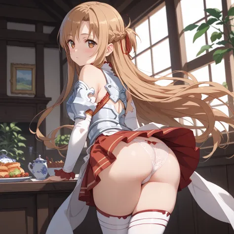  sexy panties, ass, (huge ass:1.0), (blush), 8k masterpiece, (1girl, solo), zzAsuna, asuna (sao), long hair, brown hair, brown eyes, braid, very long hair, thighhighs, bare shoulders, detached sleeves, armor, white thighhighs, breastplate, red skirt,