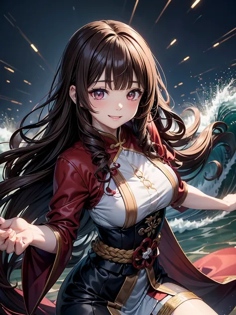   Japanese girl, cute、Brown Hair、Iris Flower Ornament 、(( Vertical Wave Curly Hair 、Scarlet ( Shokou Shoku )Eyes、Droopy eyes:1.2))、Glossy smooth hair, Thick bangs、 slender figure、(Happy smile:1.2),  high-definition face and eyes,  top quality ,  super high...