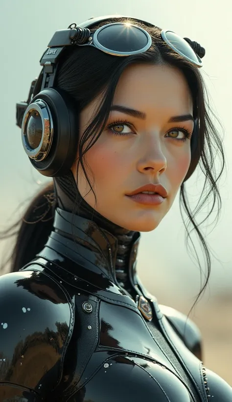 Portrait of A cybernetic woman android Gunslinger. soft features, Soft Illustration with a dynamic background, elegant intricate artstation concept art style of Ashley Wood, Jae Wood, desolate tones, intricate detail, breathtaking masterpiece, dramatic lig...