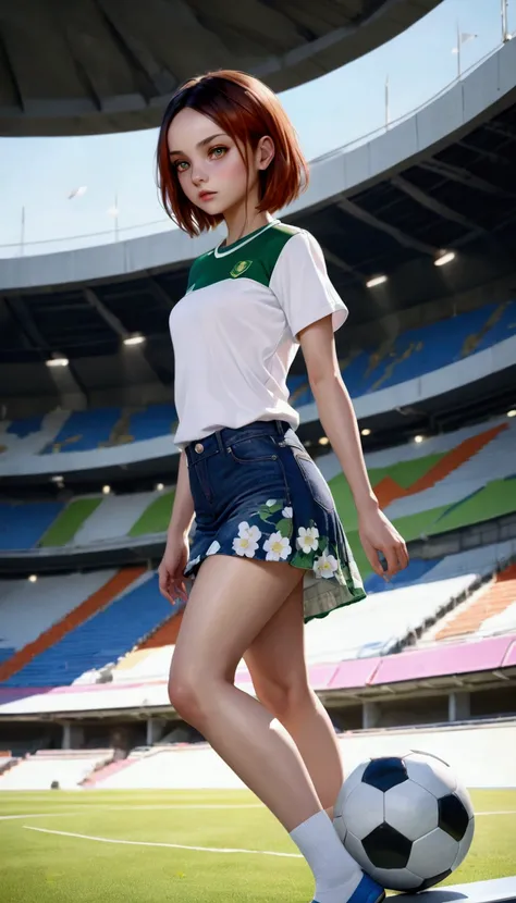 middle school girl, walking down, stairs, soccer stadium,  {+forehead, medium hair, twin tails, black hair,  brown streaked hair, brown ombre, 2 colored hair}, BREAK,  short sleeves soccer shirt (+green color, white color), denim mini skirt (+floral patter...