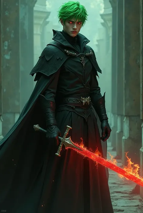 A young man half a devil, red eyes, green hair, black stork dress with a cloak, holding a burning long sword