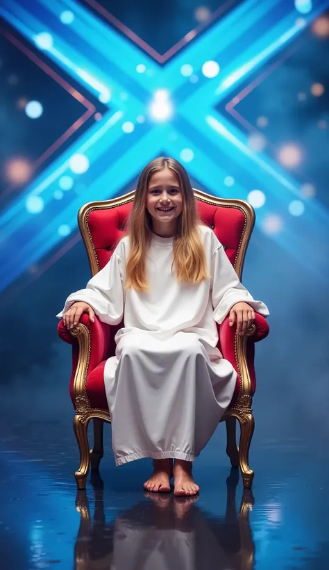 Create an ultra-realistic image of a  boy with features reminiscent of Jesus Christ as a . The boy with long hair is sitting in a luxurious red and gold chair on a brightly lit, smoke-filled stage. He is wearing a long, all-white robe. The backdrop feature...