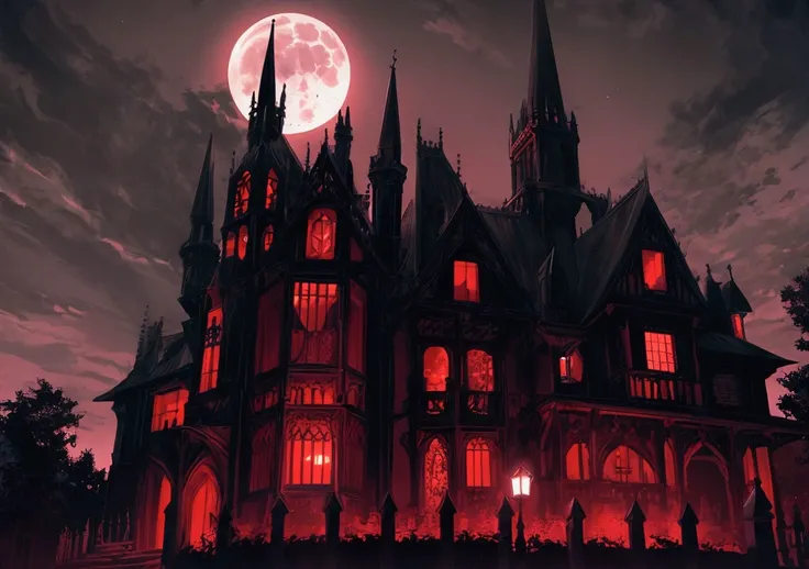 Dark Night Sky, Clouded Full Moon, Medieval gothic mansion , Rose,  with dark and red energy, noble