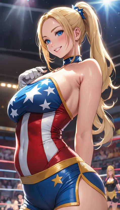 best quality, masterpiece,female wrestler, 1 girl, solo, ponytail hair, straight hair ,blue eyes, blonde hair,forehead ,circlet, large breast ,rouge lips ,ring costume, Stars and Stripes costume ,onepiece strapless swimwear costume ,necklace ,choker,Knee p...