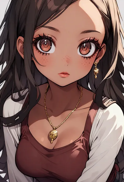 1girl, big doe brown eyes, black hair with blue strands, long hair, skinny waist, medium breasts, tan skin, brown skin, a gold pendant, young, freckles, rosy lips, pretty eyelashes, calm, teen, dark red tank top, gray sweater, gray sweater 