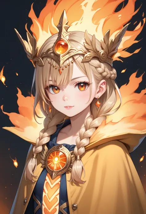 score_9, score_8_up, score_7_up, beautiful, perfect eyes, Fiery Orange eyes, Valkyrie, Golden Cloak, Molten Bronze eyes, Braided Crown hair