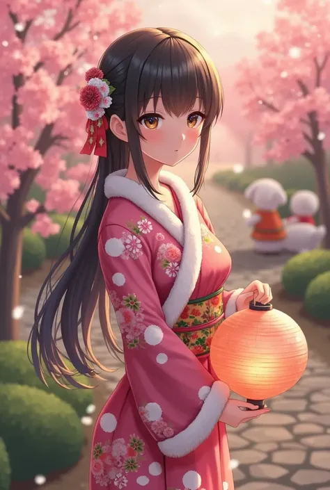 santagirl,(a girl in a traditional Japanese yukata,beautiful detailed eyes,beautiful detailed lips,extremely detailed eyes and face,long eyelashes,standing in a serene Japanese garden,soft expression,flowing black hair with a delicate hairpin,holding a pap...