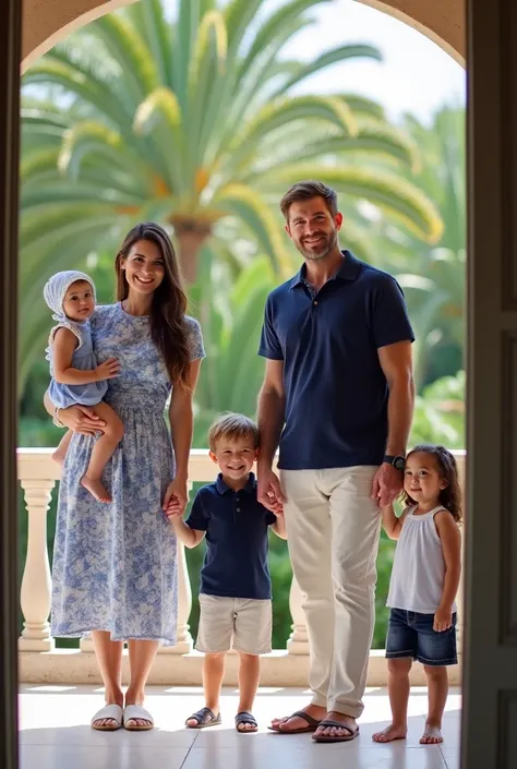 the photo has been taken from a room overlooking the balcony in a Mediterranean mansion, describe the interior of room, at the balcony facing the room, wife, dressed in baby blue with navy blue floral designs is carrying her two year daughter on her hips, ...