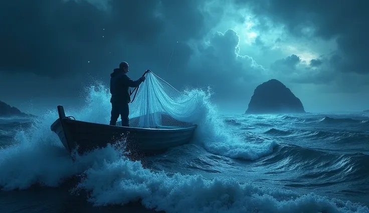 "A celestial scene in which Ethan, a seasoned fisherman, stands on the edge of his small fishing boat, peering into the turbulent waters of the ocean. The boat is surrounded by dark storm clouds and crashing waves, highlighting the chaos of the storm. The ...