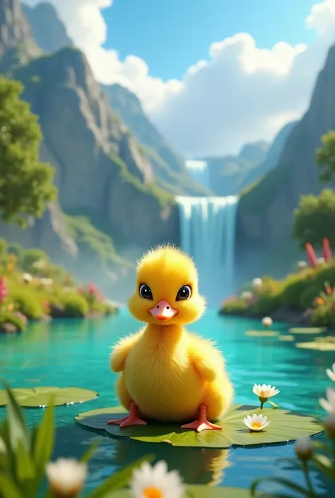 A hyper-realistic, adorable baby duckling with fluffy yellow feathers, sitting on a lily pad in a vibrant, serene pond. The ducklings large, shiny black eyes gaze cutely at the viewer. The pond has clear turquoise water with green lily pads and blooming wh...